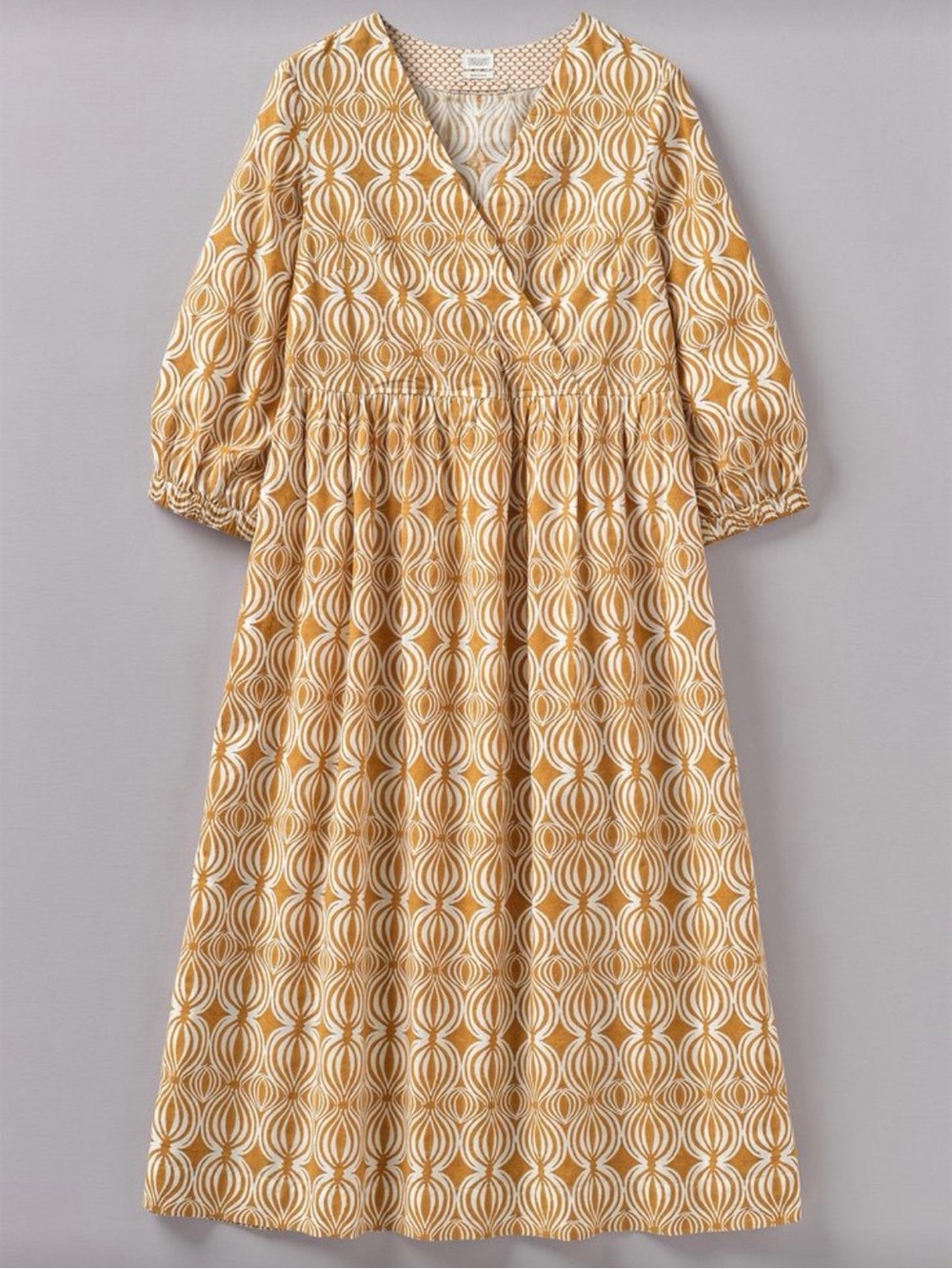 Toast UK Cross Front Yellow Seed Pod Block Print Midi Dress Size Small Cotton